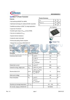 BSC029N025S datasheet - OptiMOS2 Power-Transistor