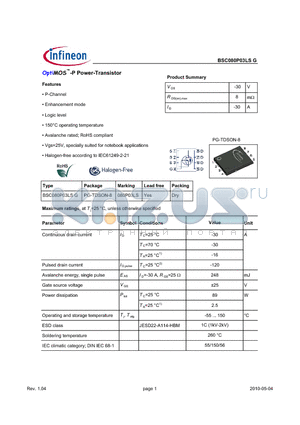 BSC080P03LSG datasheet - OptiMOS-P Power-Transistor