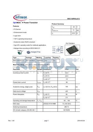 BSC130P03LSG datasheet - OptiMOS-P Power-Transistor
