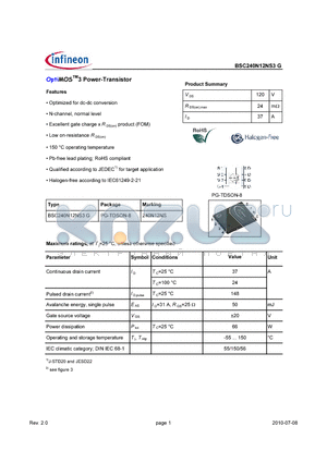 BSC240N12NS3G datasheet - OptiMOSTM3 Power-Transistor