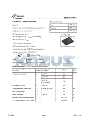 BSC252N10NSFG datasheet - OptiMOS2 Power-Transistor