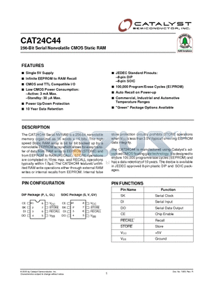 CAT24C44SI-TE13 datasheet - 256-Bit Serial Nonvolatile CMOS Static RAM