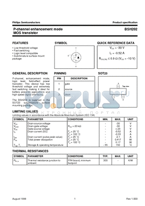 BSH202 datasheet - P-channel enhancement mode MOS transistor