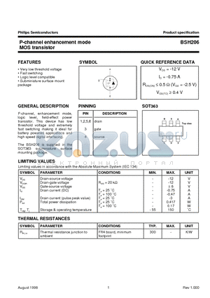 BSH206 datasheet - P-channel enhancement mode MOS transistor