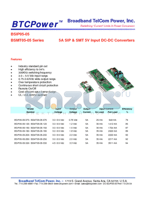 BSIP05-05 datasheet - 5A SIP & SMT 5V Input DC-DC Converters
