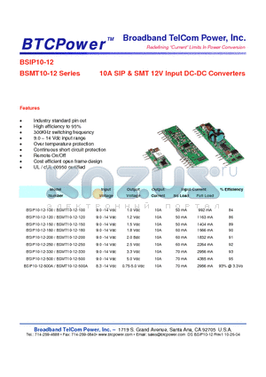 BSIP10-12-200 datasheet - 10A SIP & SMT 12V Input DC-DC Converters