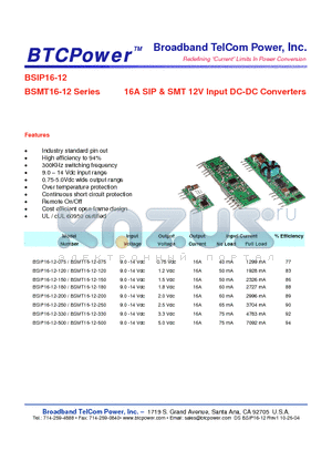 BSIP16-12-075 datasheet - 16A SIP & SMT 12V Input DC-DC Converters