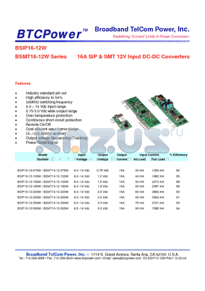 BSIP16-12-075W datasheet - 16A SIP & SMT 12V Input DC-DC Converters