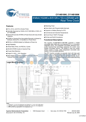 CY14B108K-ZS45XCT datasheet - 8 Mbit (1024K x 8/512K x 16) nvSRAM with Real Time Clock