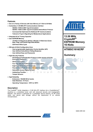 AT88SC1616CRF_09 datasheet - 13.56 MHz CryptoRF^ EEPROM Memory 16 Kbits