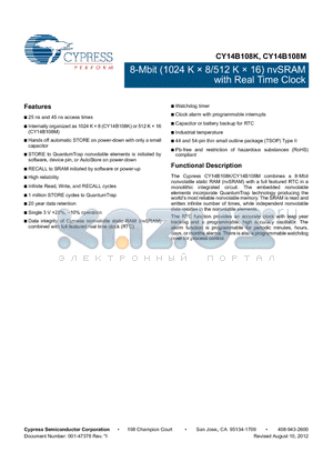 CY14B108K_12 datasheet - 8-Mbit (1024 K  8/512 K  16) nvSRAM with Real Time Clock