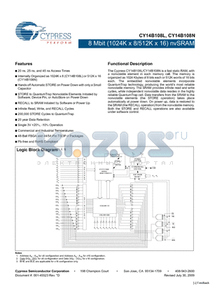 CY14B108L-BA20XIT datasheet - 8 Mbit (1024K x 8/512K x 16) nvSRAM