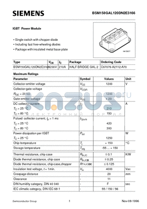 BSM150GAL120DN2E3166 datasheet - IGBT Power Module (Single switch with chopper diode Including fast free-wheeling diodes)