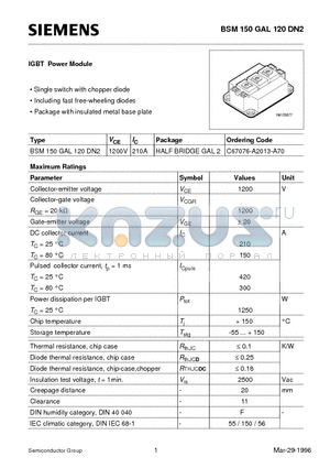 BSM150GAL120DN2 datasheet - IGBT Power Module (Single switch with chopper diode Including fast free-wheeling diodes)