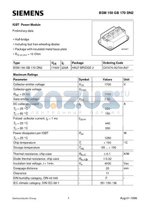 BSM150GB170DN2 datasheet - IGBT Power Module (Half-bridge Including fast free-wheeling diodes Package with insulated metal base plate)