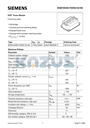 BSM150GB170DN2E3166 datasheet - IGBT Power Module (Half-bridge Including fast free-wheeling diodes Enlarged diode area)