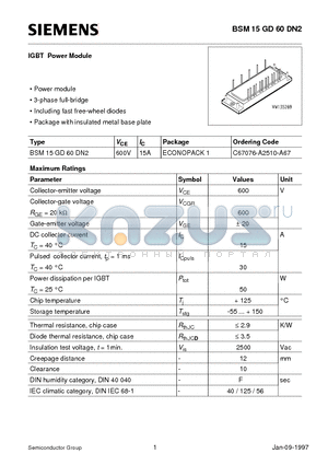 BSM15GD60DN2 datasheet - IGBT Power Module (Power module 3-phase full-bridge Including fast free-wheel diodes)