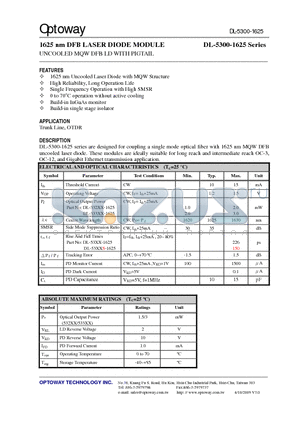 DL-5300-1625 datasheet - 1625 nm DFB LASER DIODE MODULE UNCOOLED MQW DFB LD WITH PIGTAIL