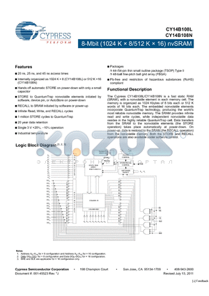 CY14B108L-BA45XIT datasheet - 8-Mbit (1024 K x 8/512 K x 16) nvSRAM Infinite Read, Write, and RECALL cycles