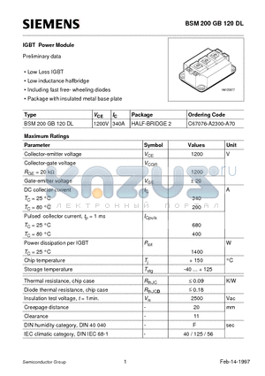 BSM200GB120 datasheet - IGBT Power Module (Low Loss IGBT Low inductance halfbridge Including fast free- wheeling diodes)