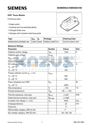 BSM300GA120DN2E3166 datasheet - IGBT Power Module (Single switch Including fast free-wheeling diodes Enlarged diode area)