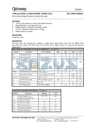 DL-5300-VSA datasheet - 1550 nm DFB LASER DIODE MODULES UNCOOLED MQW DFB LD WITH PIGTAIL