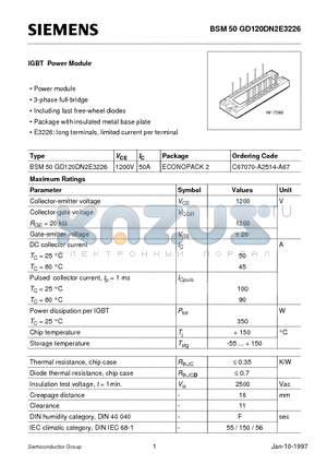 BSM50GD120DN2E3226 datasheet - IGBT Power Module (Power module 3-phase full-bridge Including fast free-wheel diodes Package with insulated metal base plate)