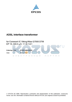 B78421A6603A003 datasheet - ADSL interface transformer