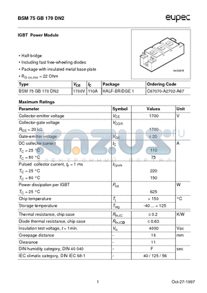 BSM75GB170DN2 datasheet - IGBT Power Module