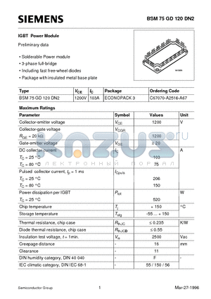 BSM75GD120DN2 datasheet - IGBT Power Module (Solderable Power module 3-phase full-bridge Including fast free-wheel diodes)