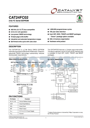 CAT24FC02GLETE13REV-E datasheet - The CAT24FC02 is a 2-kb Serial CMOS EEPROM internally organized as 256 words of 8 bits each