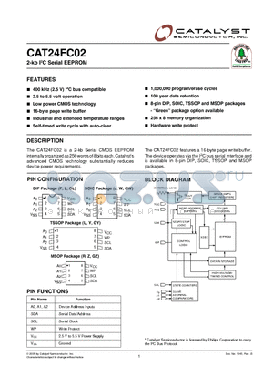CAT24FC02 datasheet - The CAT24FC02 is a 2-kb Serial CMOS EEPROM internally organized as 256 words of 8 bits each