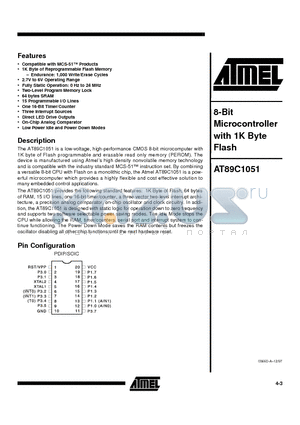 AT89C1051 datasheet - 8-Bit Microcontroller with 1K Byte Flash