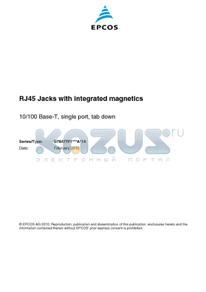 B78477P1006A114 datasheet - RJ45 Jacks with integrated magnetics 10/100 Base-T, single port, tab down