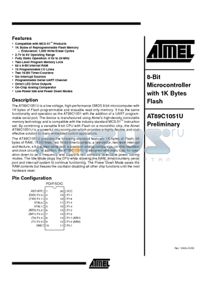 AT89C1051U-12PI datasheet - 8-Bit Microcontroller with 1K Bytes Flash