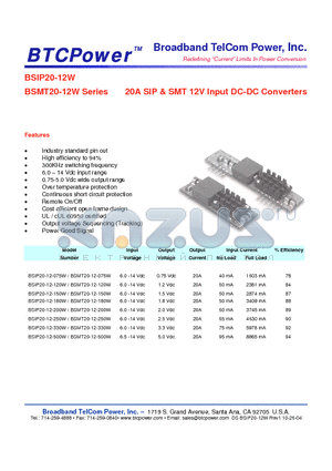 BSMT20-12-075W datasheet - 20A SIP & SMT 12V Input DC-DC Converters