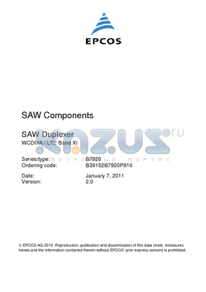 B7920 datasheet - SAW Duplexer WCDMA / LTE Band XI