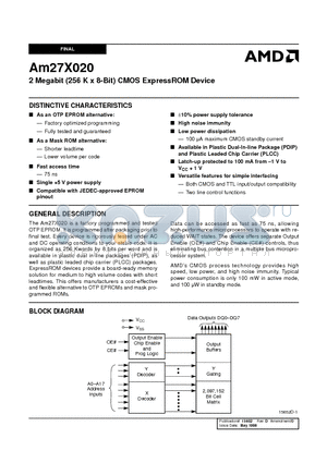 AM27X020-150PC datasheet - 2 Megabit (256 K x 8-Bit) CMOS ExpressROM Device