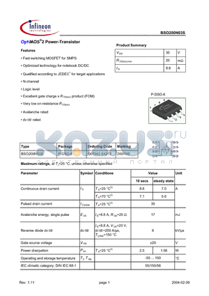 BSO200N03S datasheet - OptiMOS2 Power-Transistor