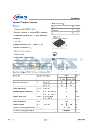 BSO150N03 datasheet - OptiMOS2 Power-Transistor