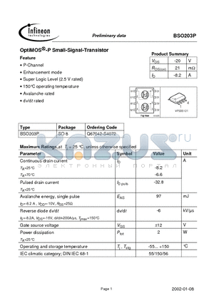 BSO203P datasheet - OptiMOS -P Small-Signal-Transistor