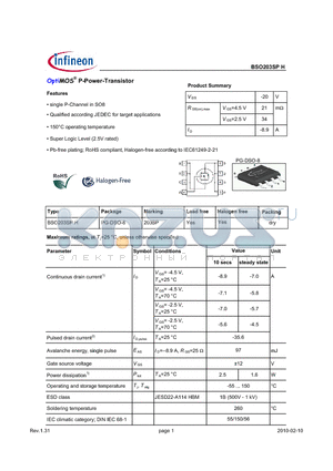 BSO203SPH datasheet - OptiMOS P-Power-Transistor