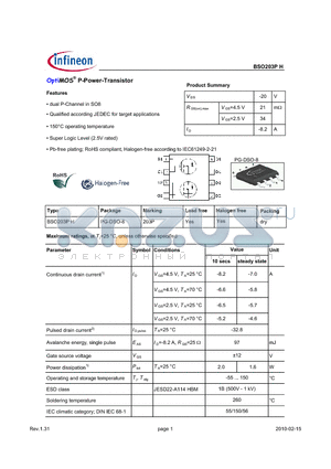 BSO203PH datasheet - OptiMOS P-Power-Transistor