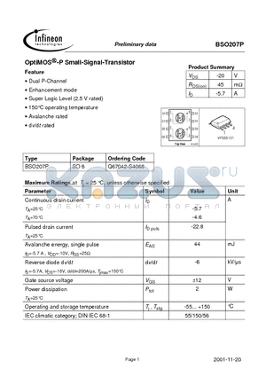 BSO207P datasheet - OptiMOS -P Small-Signal-Transistor