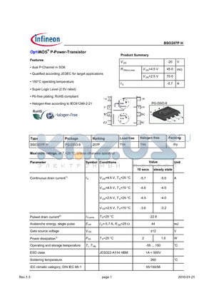 BSO207PH datasheet - OptiMOS P-Power-Transistor