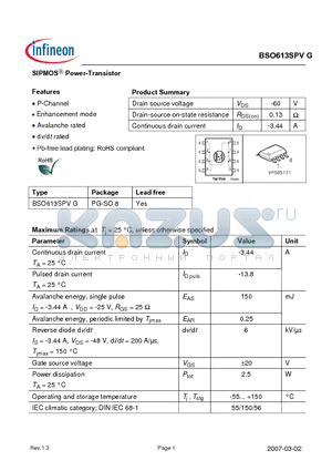 BSO613SPVG datasheet - SIPMOS Power-Transistor