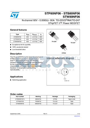B80NF06 datasheet - N-CHANNEL 60V - 0.0065OHM - 80A TO-220/D2PAK/TO-247 STripFET II POWER MOSFET