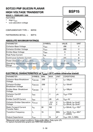 BSP15 datasheet - SOT223 PNP SILICON PLANAR HIGH VOLTAGE TRANSISTOR