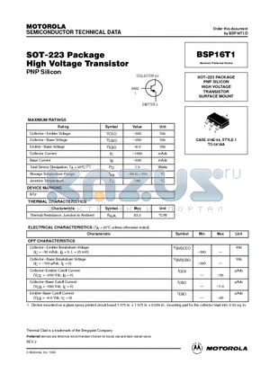 BSP16T1 datasheet - SOT-223 PACKAGE PNP SILICON HIGH VOLTAGE TRANSISTOR SURFACE MOUNT