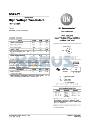 BSP16T1 datasheet - High Voltage Transistors PNP Silicon